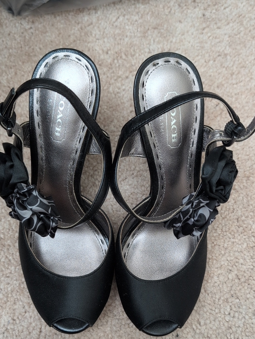 Coach Black Satin Peep-Toe Slingback Heels with Black Floral Accent